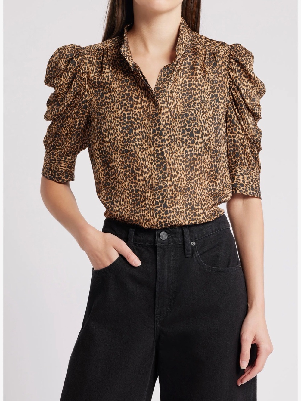 FRAME Leopard Print Puff-Sleeve Silk Blouse NWT